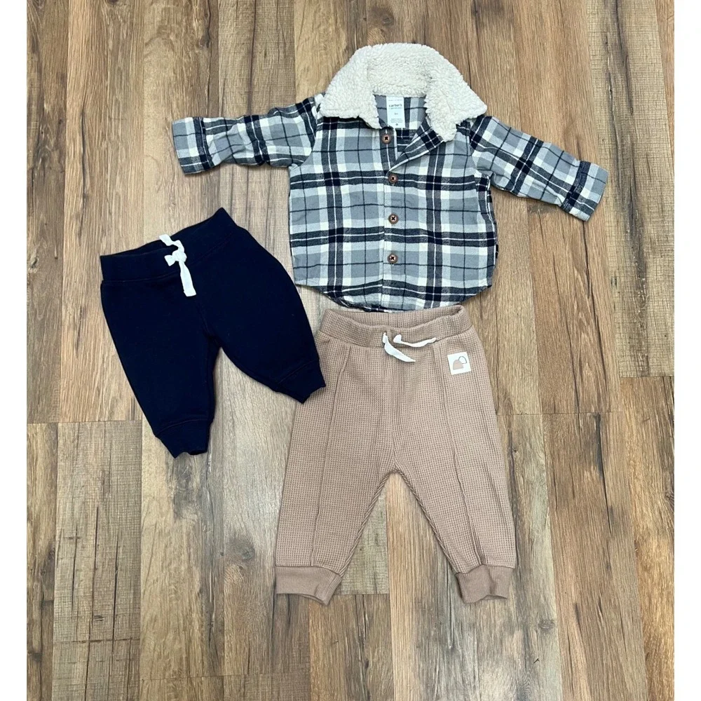 Carter's & Organic Baby 3pc 3M‎ Flannel & Jogger Set – Cotton Blend